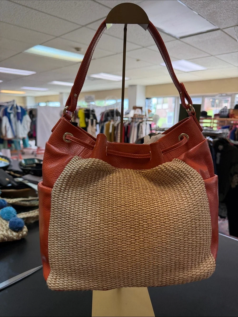 Textured Straw-Front Hobo Bag in Orange